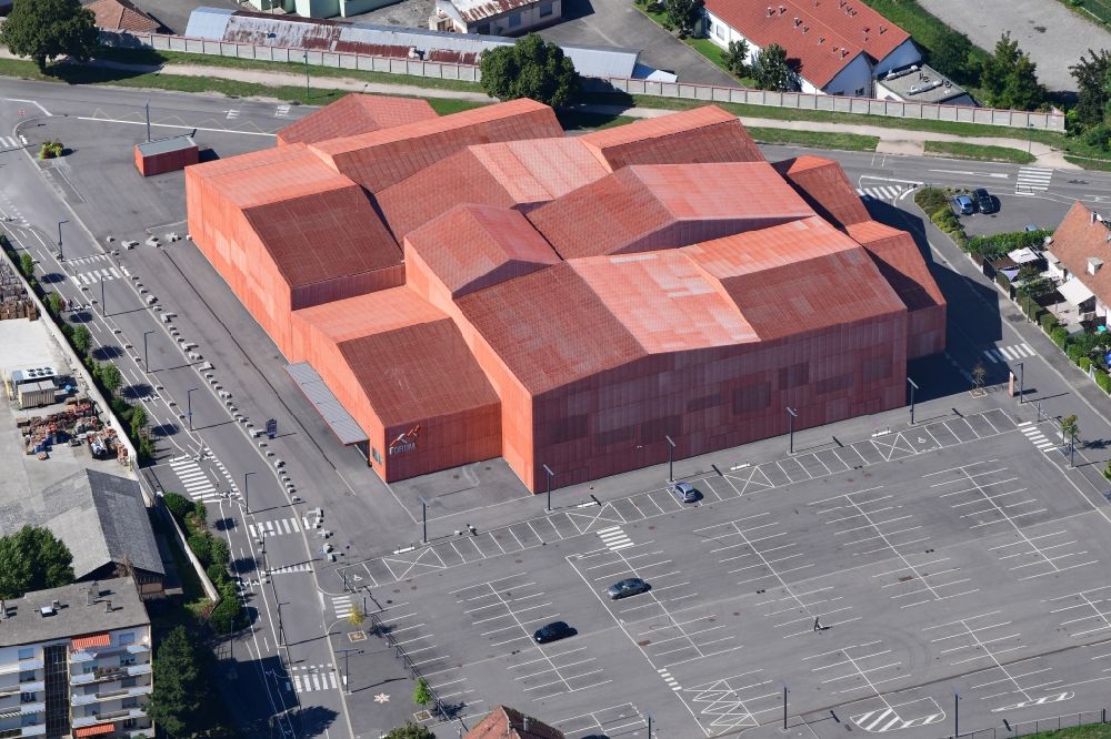 Saint-Louis from the bird's eye view: Building of the indoor arena Le FORUM on Place du Forum in Saint-Louis in Grand Est, France