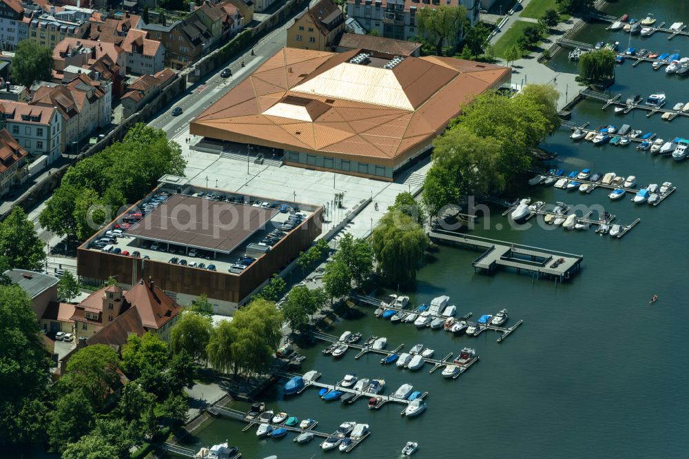 Lindau (Bodensee) from above - Building of the indoor arena Inselhalle on street Zwanzigerstrasse in Lindau (Bodensee) at Bodensee in the state Bavaria, Germany