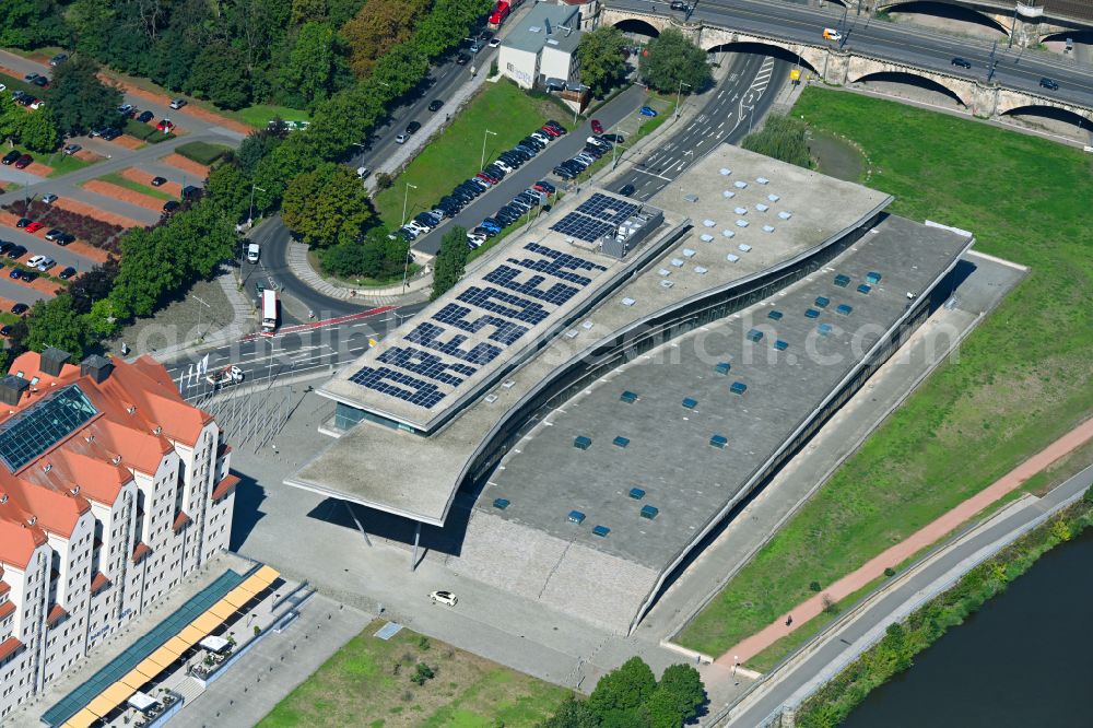 Aerial photograph Dresden - Building of the indoor arena Internationales Congress Center Dresden on Ostra-Ufer in the district Wilsdruffer Vorstadt in Dresden in the state Saxony, Germany