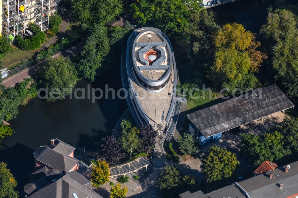 Leipzig from above - Building of the indoor arena Kulturhafen on Riverboat on street Erich-Zeigner-Allee in the district Plagwitz in Leipzig in the state Saxony, Germany