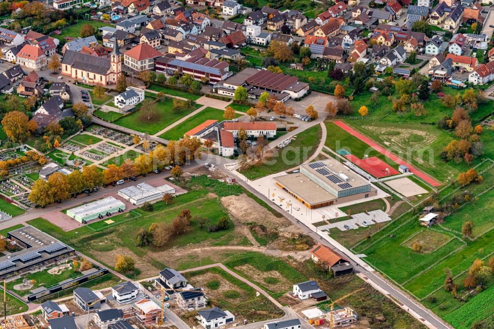 Aerial photograph Rust - New building of Veranstaltungshalle Rheingiessenhalle on Ellenweg in Rust in the state Baden-Wurttemberg, Germany