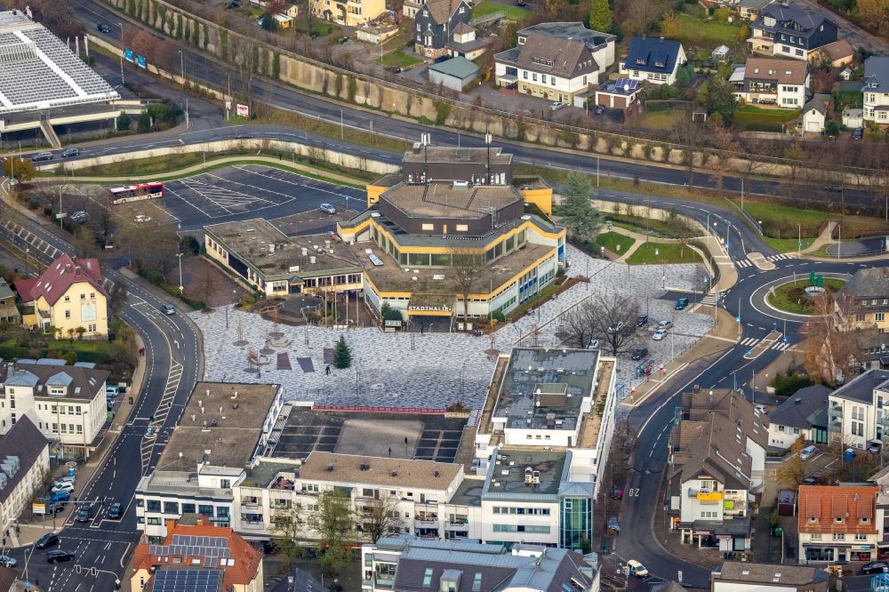 Aerial image Meinerzhagen - Building of the indoor arena of Stadthalle Meinerzhagen on Otto-Fuchs-Platz in Meinerzhagen in the state North Rhine-Westphalia, Germany