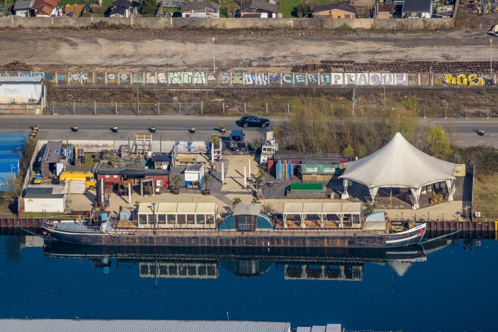 Aerial photograph Dortmund - Event ship Mr. Walter with beach bar in Dortmund at Ruhrgebiet in the state of North Rhine-Westphalia, Germany