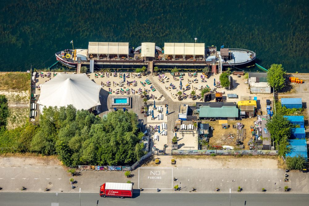 Dortmund from the bird's eye view: Event ship Mr. Walter with beach bar in Dortmund in the state of North Rhine-Westphalia, Germany