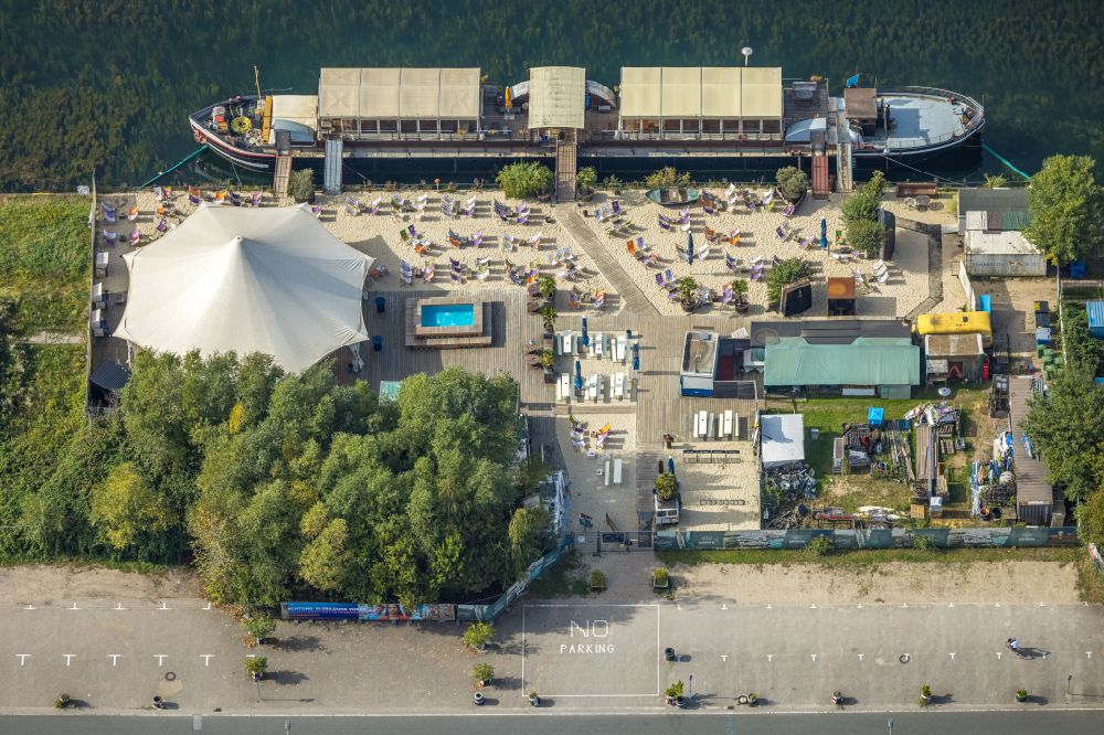 Dortmund from the bird's eye view: Event ship Mr. Walter with beach bar in Dortmund in the state of North Rhine-Westphalia, Germany