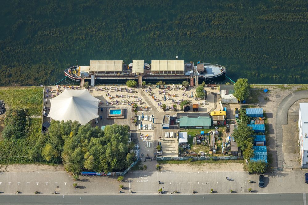 Aerial image Dortmund - Event ship Mr. Walter with beach bar in Dortmund in the state of North Rhine-Westphalia, Germany
