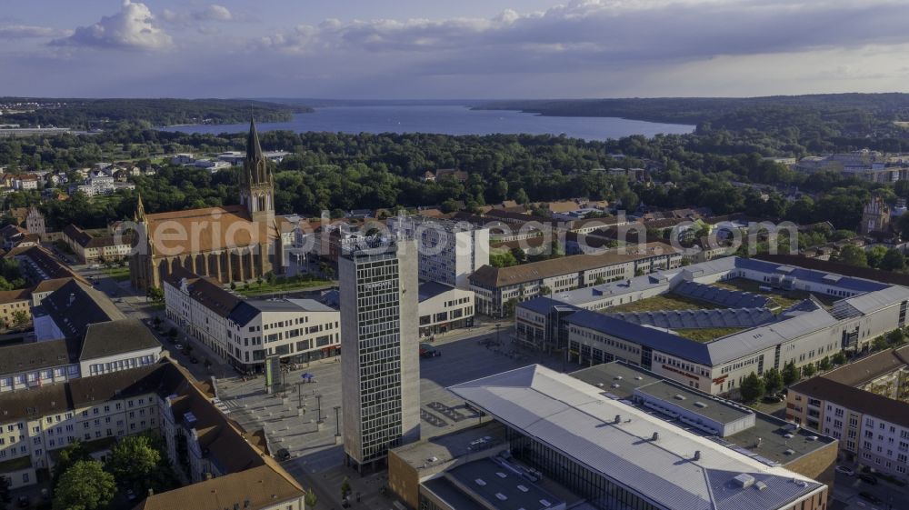 Aerial image Neubrandenburg - Building of the venue House of Culture and Education on the market square in Neubrandenburg in the state Mecklenburg-Western Pomerania, Germany