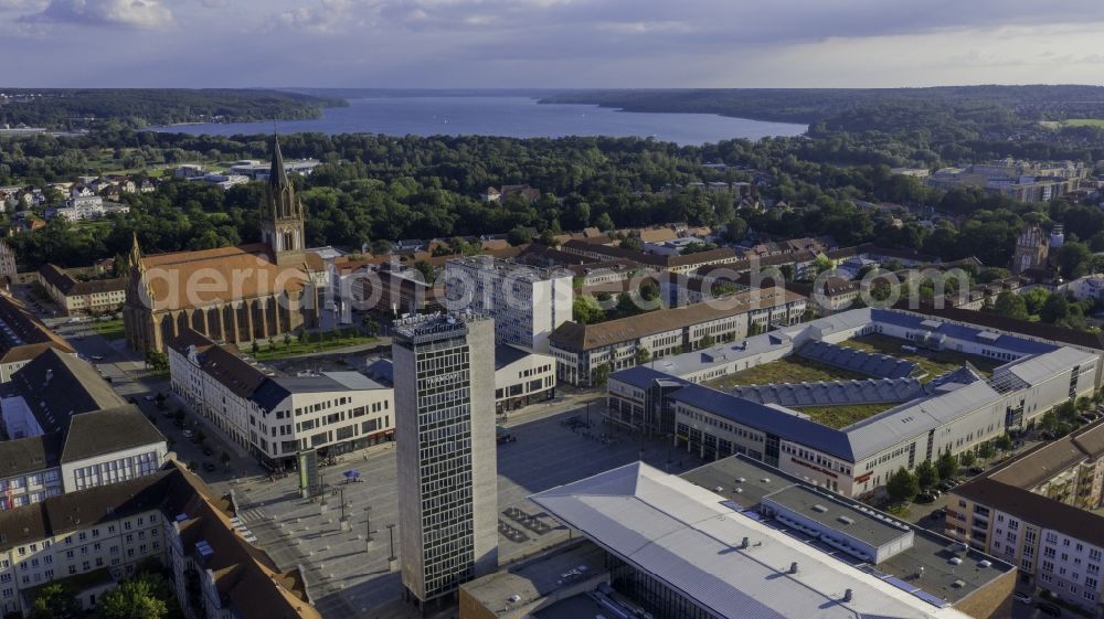 Aerial photograph Neubrandenburg - Building of the venue House of Culture and Education on the market square in Neubrandenburg in the state Mecklenburg-Western Pomerania, Germany