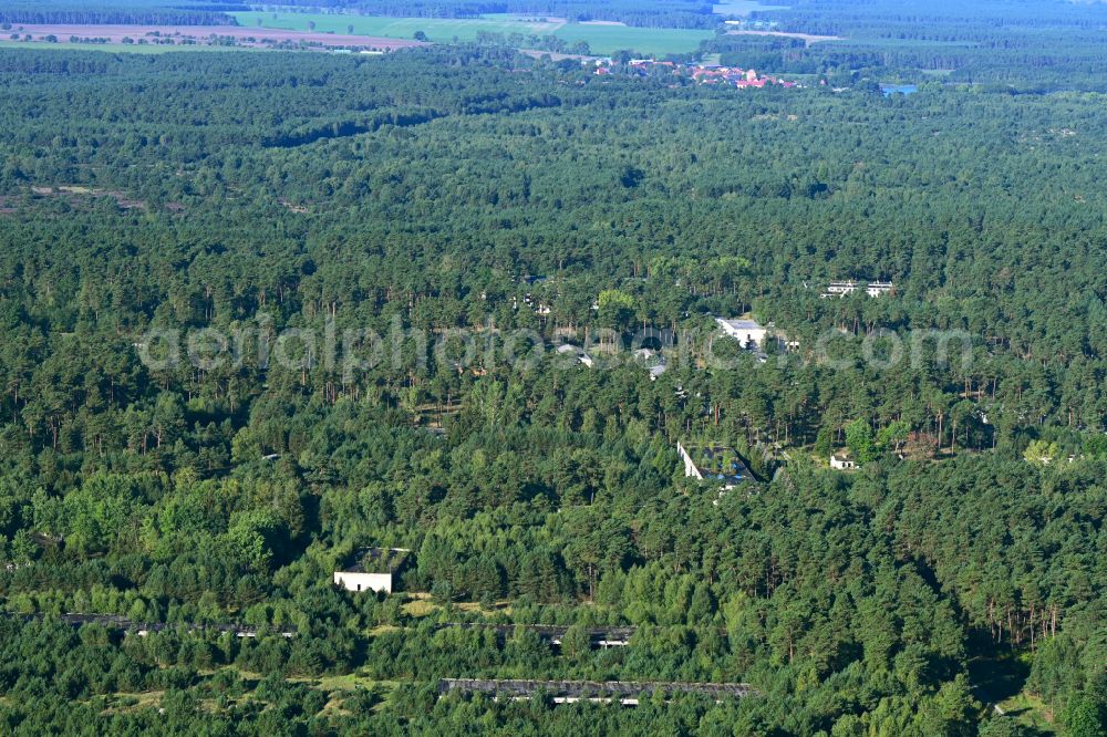 Aerial image Flecken Zechlin - Decay and vegetation growth of the ruins of the building complex of the former military barracks in a forest area in Flecken Zechlin in the state Brandenburg, Germany