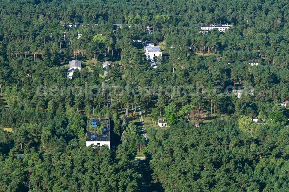 Aerial photograph Flecken Zechlin - Decay and vegetation growth of the ruins of the building complex of the former military barracks in a forest area in Flecken Zechlin in the state Brandenburg, Germany
