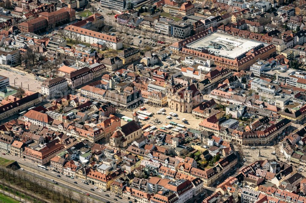 Aerial image Ludwigsburg - Sale and food stands and trade stalls in the market place and Innenstadtbereich in Ludwigsburg in the state Baden-Wuerttemberg, Germany