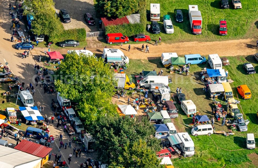 Aerial image Mußbach - Sale and food stands and trade stalls in the market place Oldtimer Teile Markt in Mussbach in the state Baden-Wurttemberg, Germany