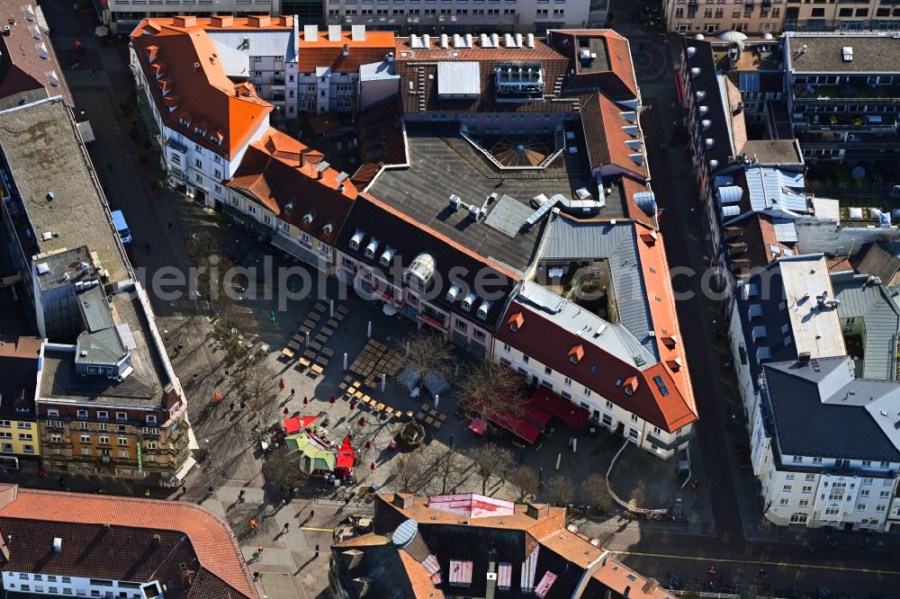 Karlsruhe from above - Sale and food stands and trade stalls in the market place on Ludwigplatz on street Karlstrasse in Karlsruhe in the state Baden-Wuerttemberg, Germany