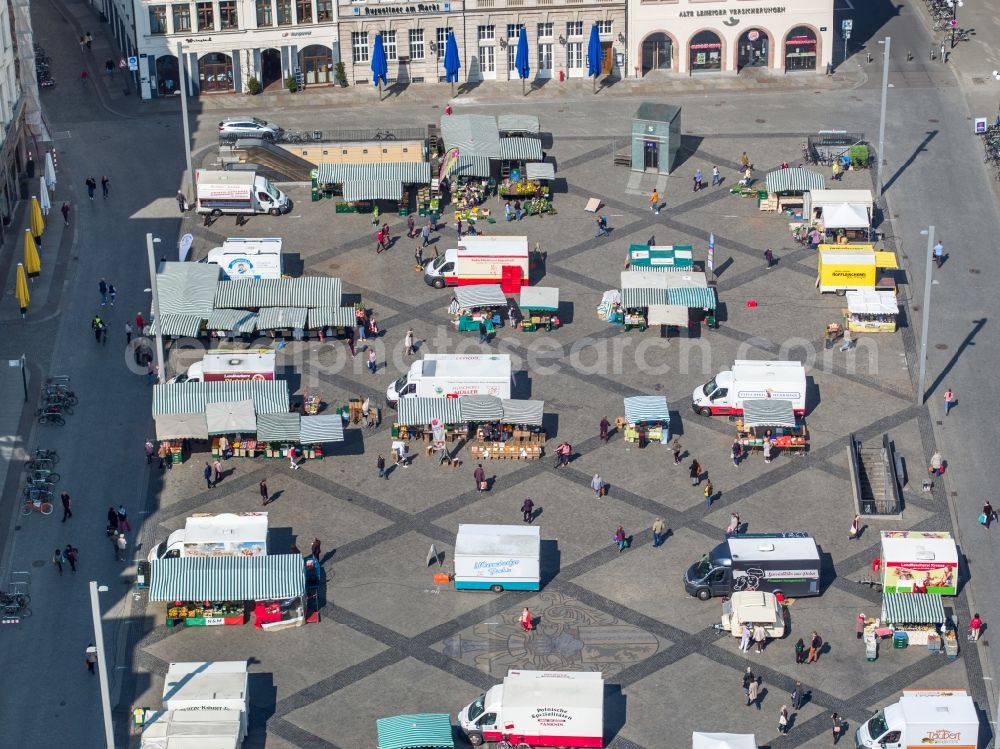 Leipzig from above - Sale and food stands and trade stalls in the market place on Markt in Leipzig in the state Saxony, Germany