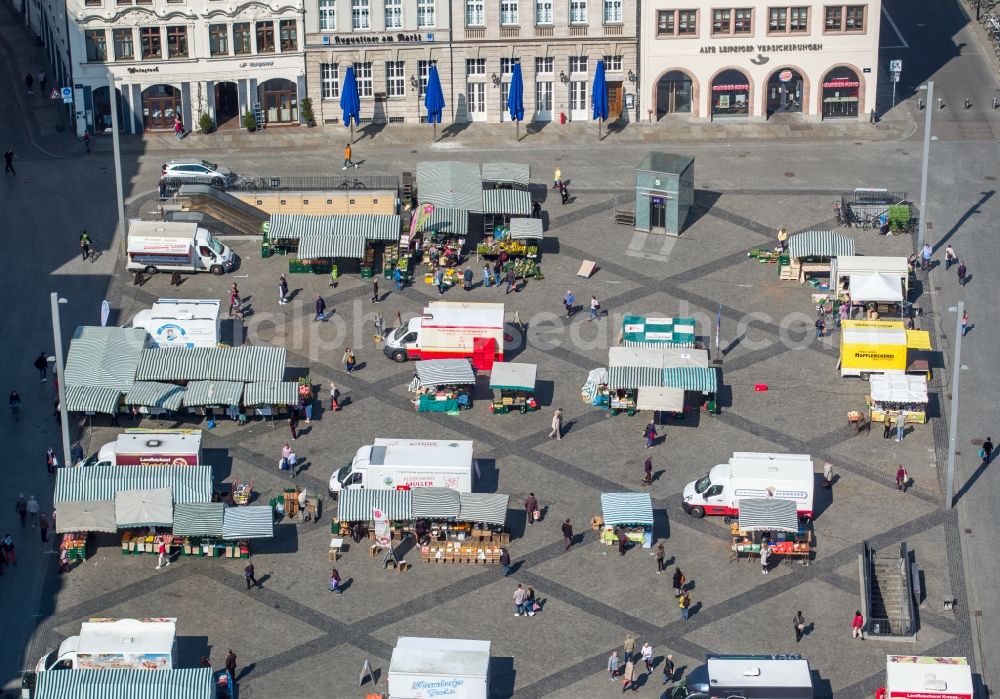 Aerial image Leipzig - Sale and food stands and trade stalls in the market place on Markt in Leipzig in the state Saxony, Germany