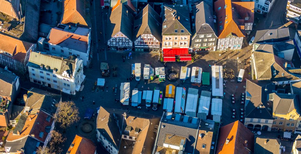 Aerial image Unna - Sales and snack stands and trade stalls on the market square in Unna in the Ruhr area in the state North Rhine-Westphalia, Germany