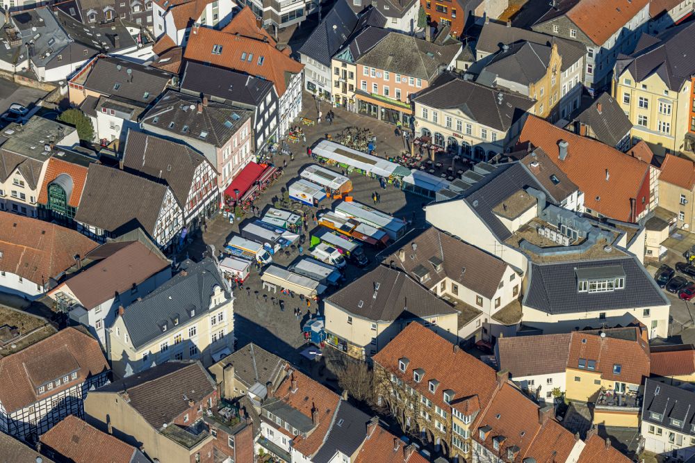 Aerial image Unna - Sales and snack stands and trade stalls on the market square in Unna in the Ruhr area in the state North Rhine-Westphalia, Germany