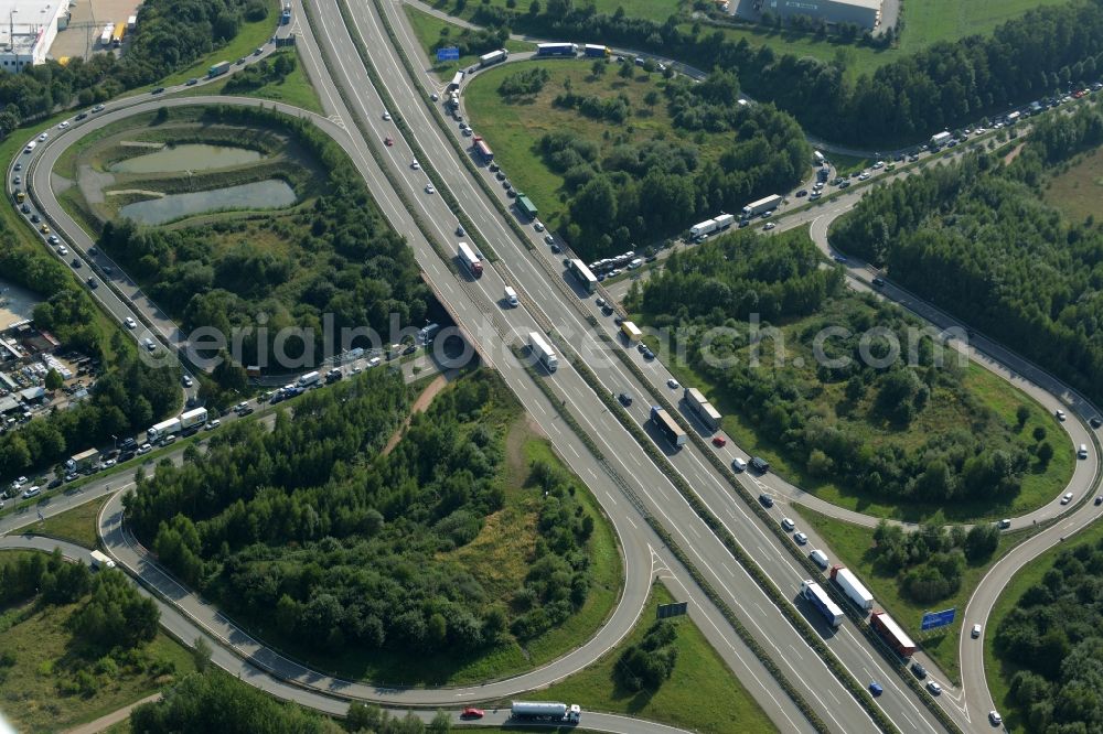 Chemnitz from above - Traffic flow at the intersection- motorway A72 in Chemnitz in the state of Saxony. The motorway A72 and federal highway B173 meet at the clover leaf interchange