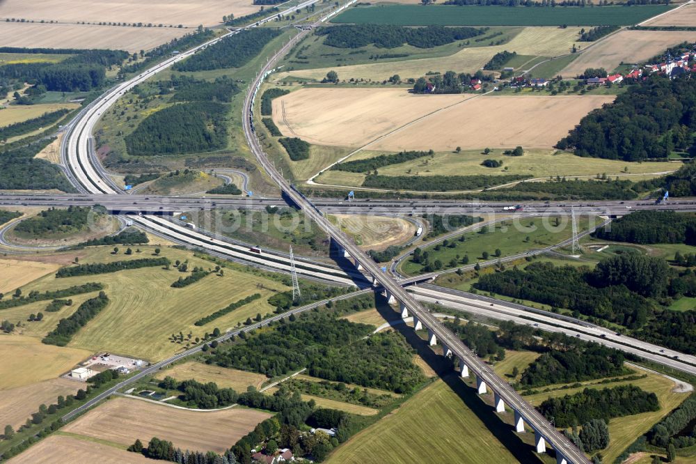 Erfurt from above - Traffic flow at the intersection- motorway A 4 and BAB A71 an ICE train route in Erfurt in the state Thuringia, Germany