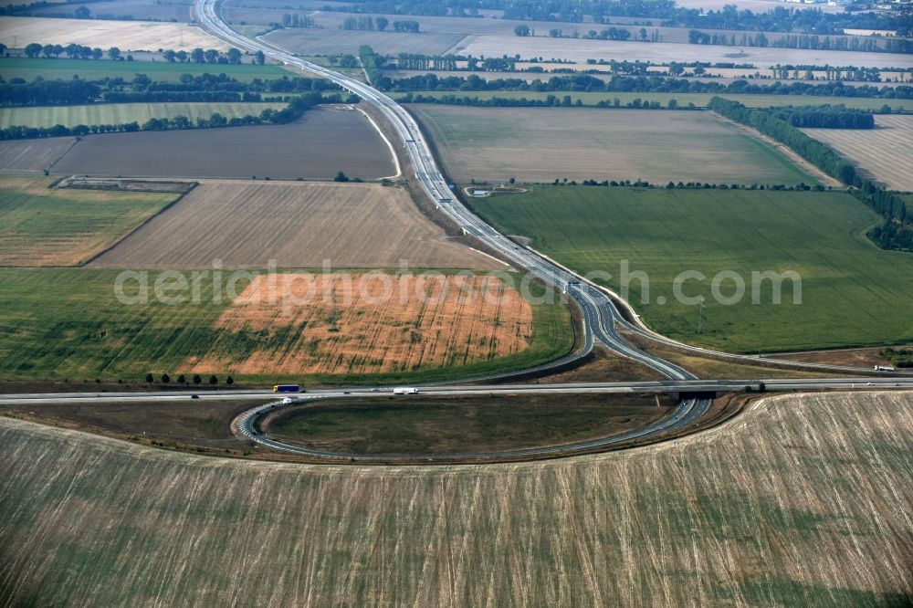 Aerial image Niederröblingen (Helme) - Traffic flow at the intersection- motorway A 71 - A38 in Niederroeblingen (Helme) in the state Saxony-Anhalt
