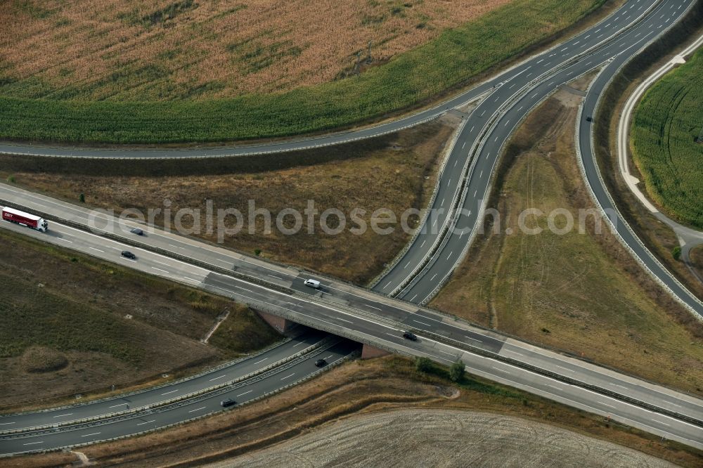 Niederröblingen (Helme) from above - Traffic flow at the intersection- motorway A 71 - A38 in Niederroeblingen (Helme) in the state Saxony-Anhalt