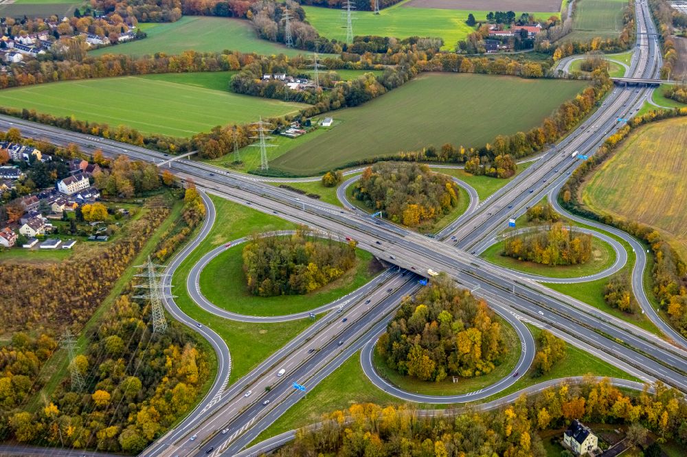 Aerial image Bochum - Traffic flow at the intersection- motorway A 43 and A44 in the district Bochum Ost in Bochum in the state North Rhine-Westphalia, Germany