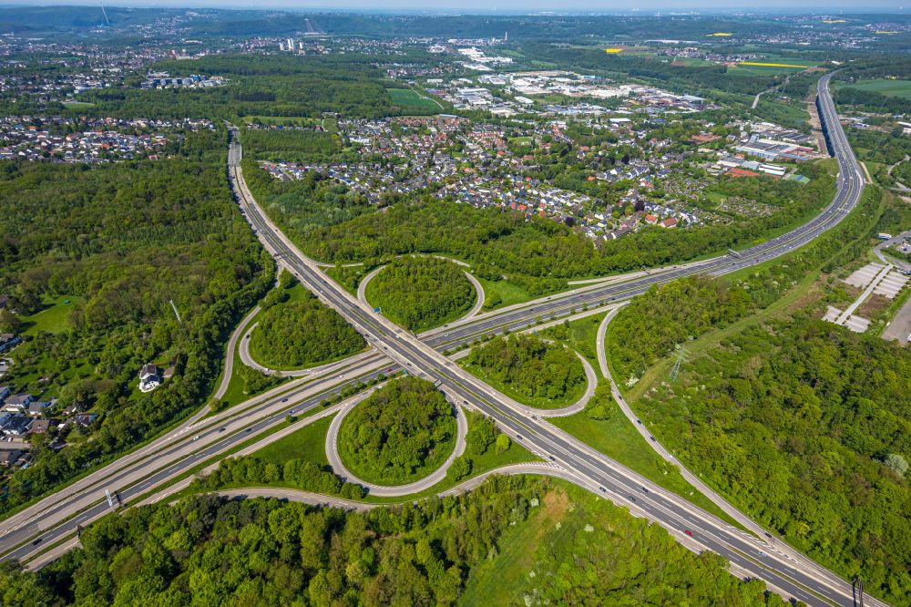 Hagen from above - Traffic flow at the intersection- motorway A 11 - A42 in the district Herbeck in Hagen in the state North Rhine-Westphalia, Germany