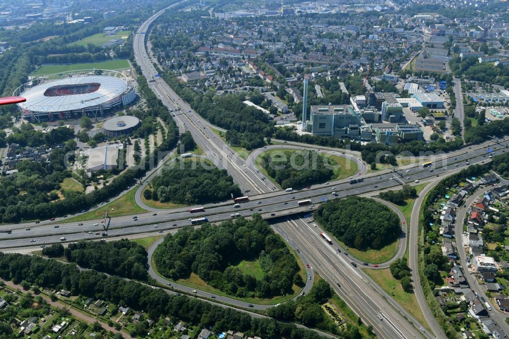 Aerial image Leverkusen - Traffic flow at the intersection- motorway A 1 and A3 in the district Wiesdorf in Leverkusen in the state North Rhine-Westphalia, Germany