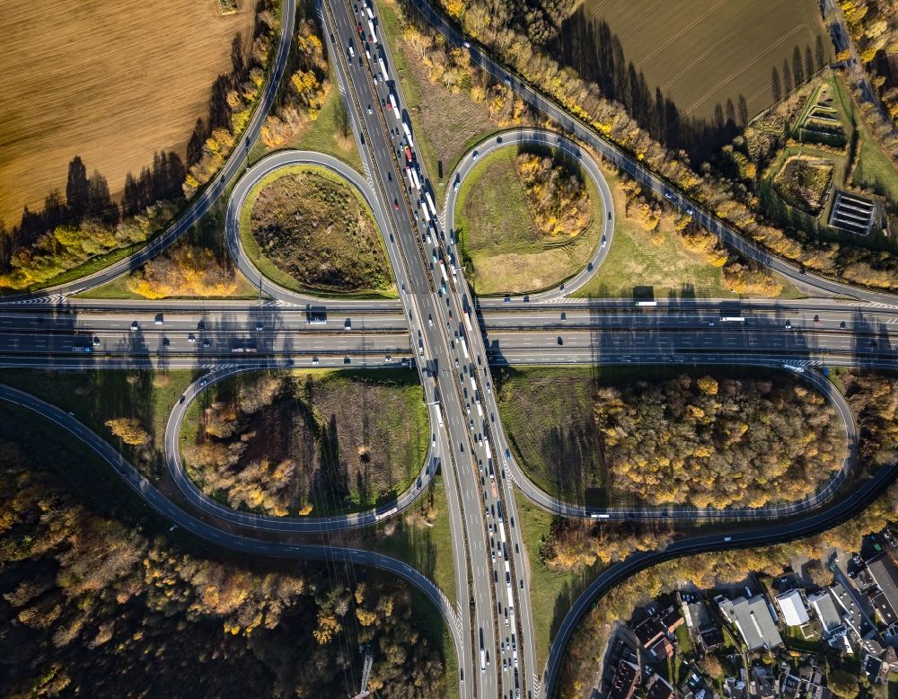 Aerial image Schwerte - Traffic flow at the intersection- motorway A 1 and of A 45 in Schwerte at Ruhrgebiet in the state North Rhine-Westphalia, Germany