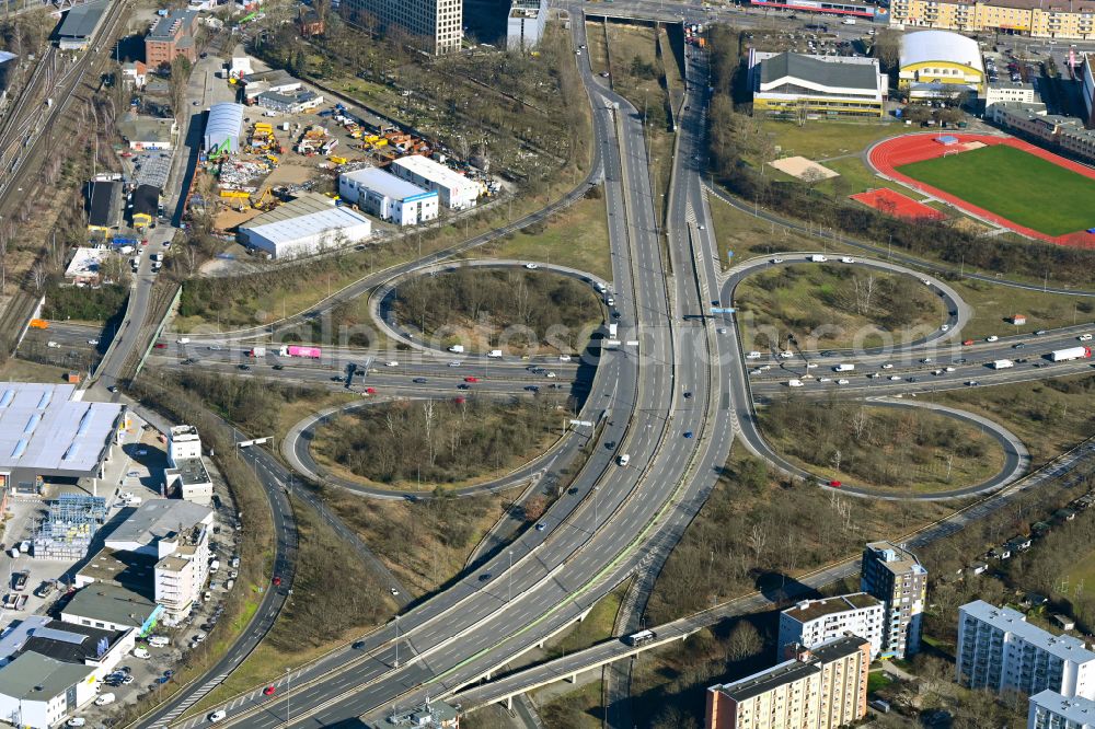 Aerial image Berlin - Traffic flow at the intersection- motorway A 100 to the A103 in the district Tempelhof-Schoeneberg in Berlin, Germany
