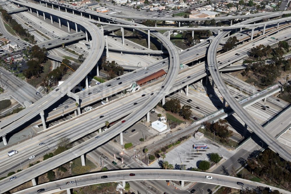 Los Angeles from the bird's eye view: Traffic flow at the intersection- motorway Harbor Gateway North in Los Angeles in California, United States of America