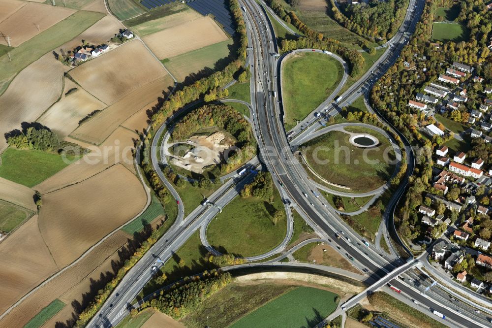 Aerial image Pentling - Traffic guidance at the motorway junction Regensburg at the A44 motorway in Pentling in the federal state of Bavaria, Germany