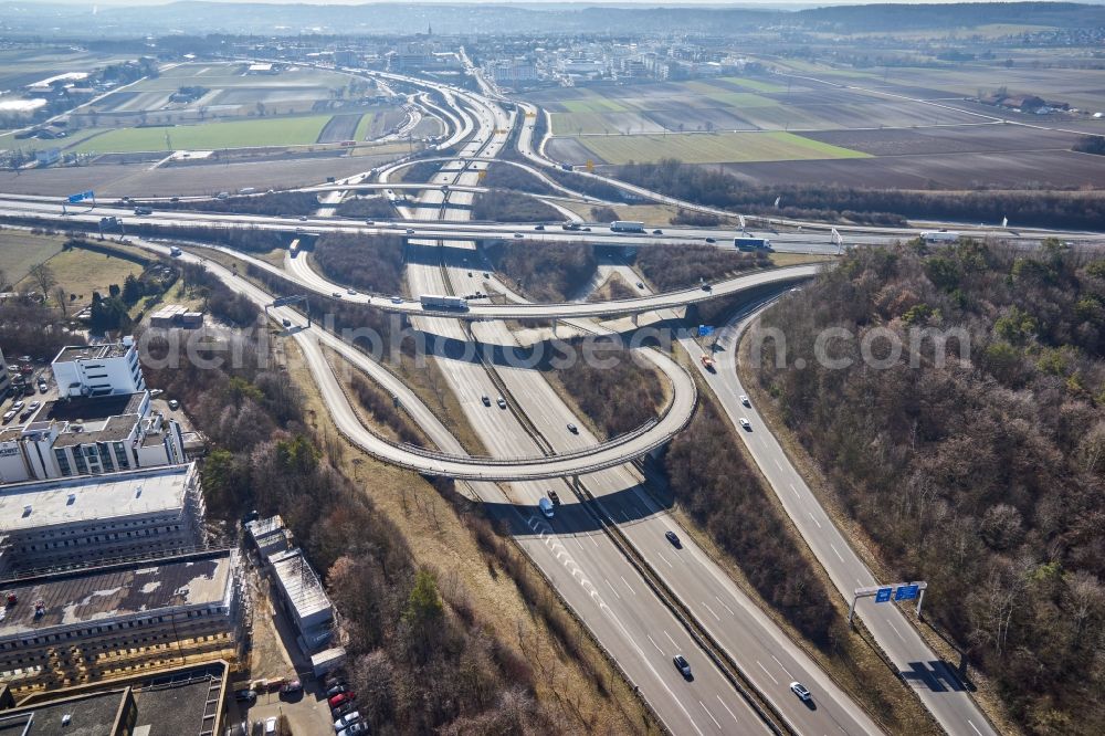 Aerial image Stuttgart - Traffic guidance and lanes of the road guidance at the interchange of the BAB8 - BAB27 in the district Fasanenhof in Stuttgart with a view towards Echterdingen in in the state Baden-Wurttemberg, Germany