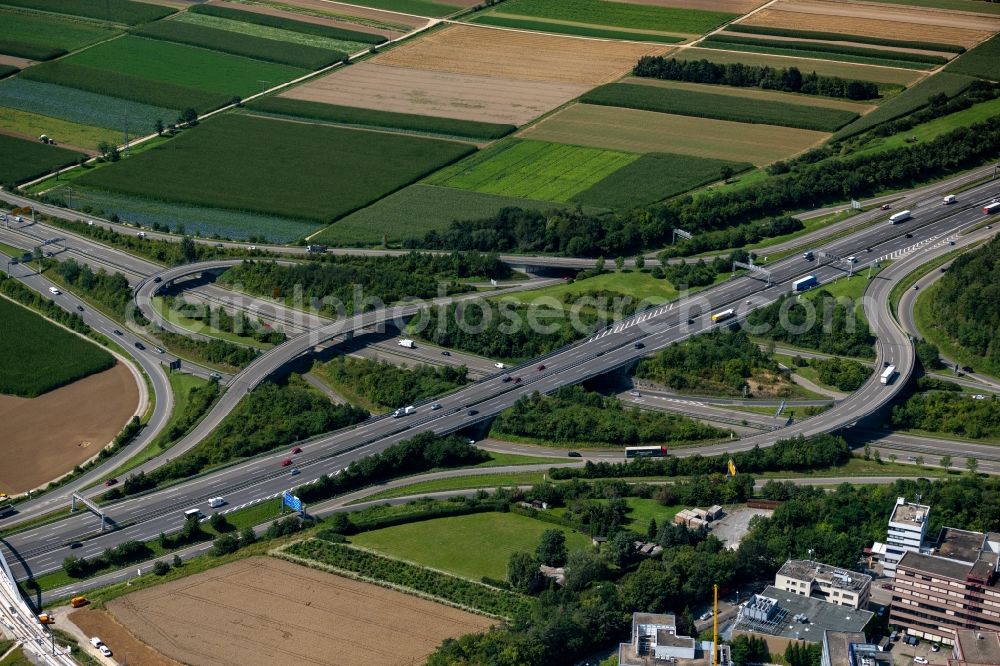 Stuttgart from above - Traffic guidance and lanes of the road guidance at the interchange of the BAB8 - BAB27 in the district Fasanenhof in Stuttgart with a view towards Echterdingen in in the state Baden-Wurttemberg, Germany