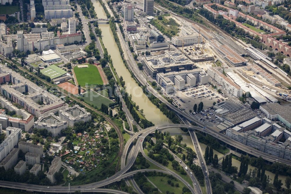 Wien from above - Traffic flow at the intersection Floridsdorf of the federal motorway A22 in Vienna in Austria. The interchange connects the federal motorway A22 and Donaukanalstrasse which leads into the city center
