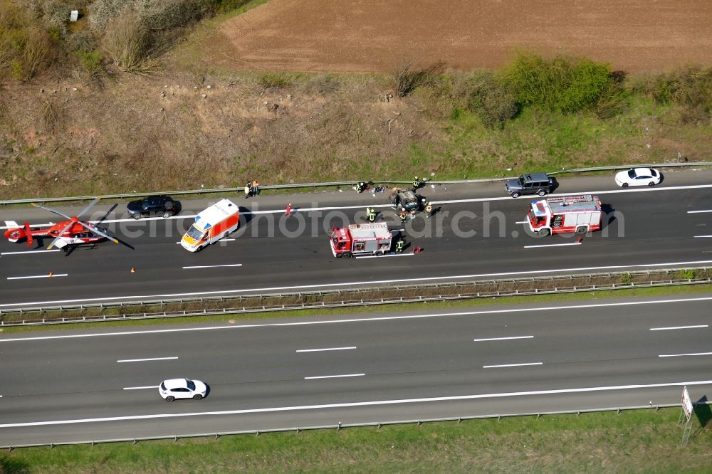 Aerial image Hann. Münden - Traffic accident with highway traffic jam on the route of Autobahn A7 in Hann. Muenden in the state Lower Saxony, Germany