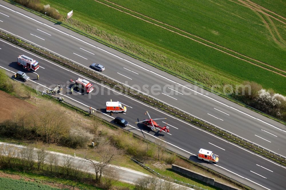 Aerial photograph Hann. Münden - Traffic accident with highway traffic jam on the route of Autobahn A7 in Hann. Muenden in the state Lower Saxony, Germany