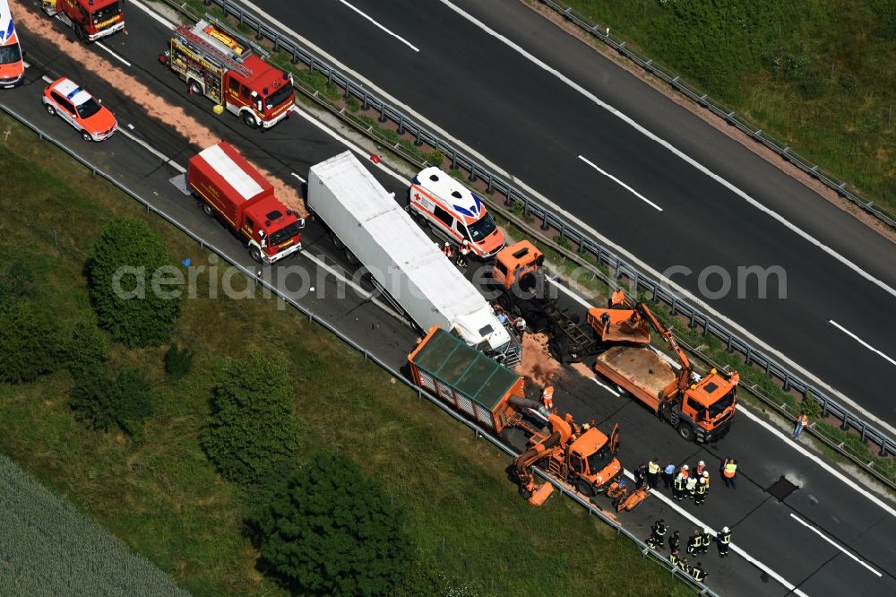 Aerial image Plötzkau - Traffic accident with highway traffic jam on the route of A14 in Ploetzkau in the state Saxony-Anhalt