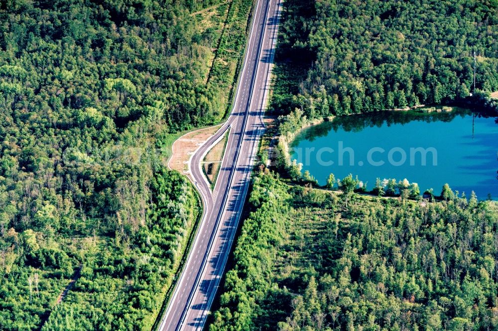 Kippenheim from above - Traffic accident with highway traffic jam on the route of A5 and Vollsperrung in in the state Baden-Wurttemberg, Germany
