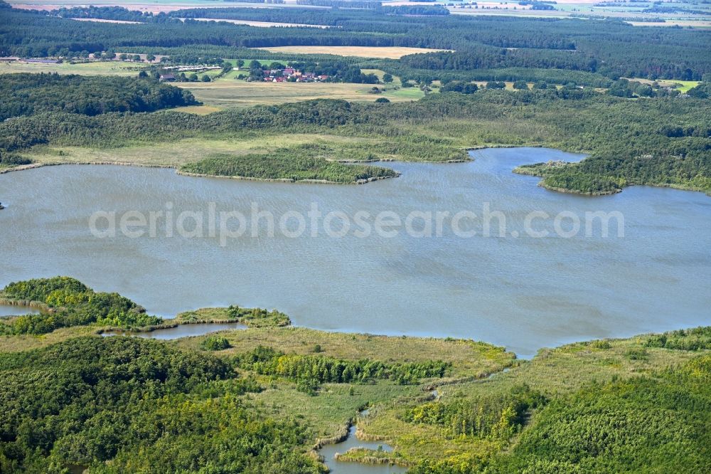 Mönchshof from above - Forests on the shores of Lake Moenchsee in Moenchshof in the state Mecklenburg - Western Pomerania, Germany