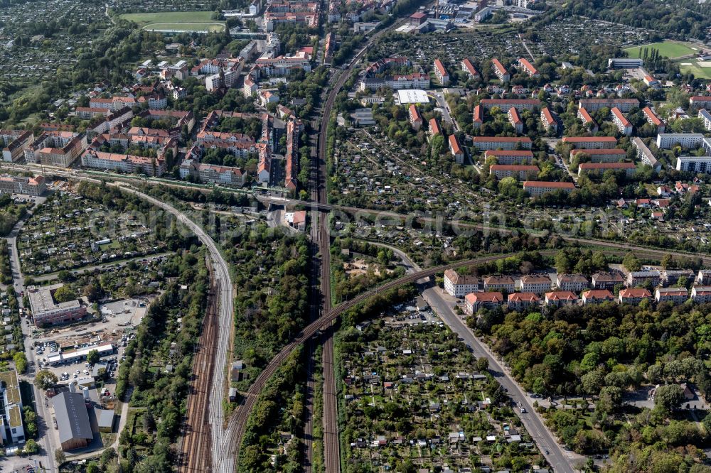 Aerial image Leipzig - Routing the railway junction of rail and track systems Deutsche Bahn in the district Sellerhausen in Leipzig in the state Saxony, Germany