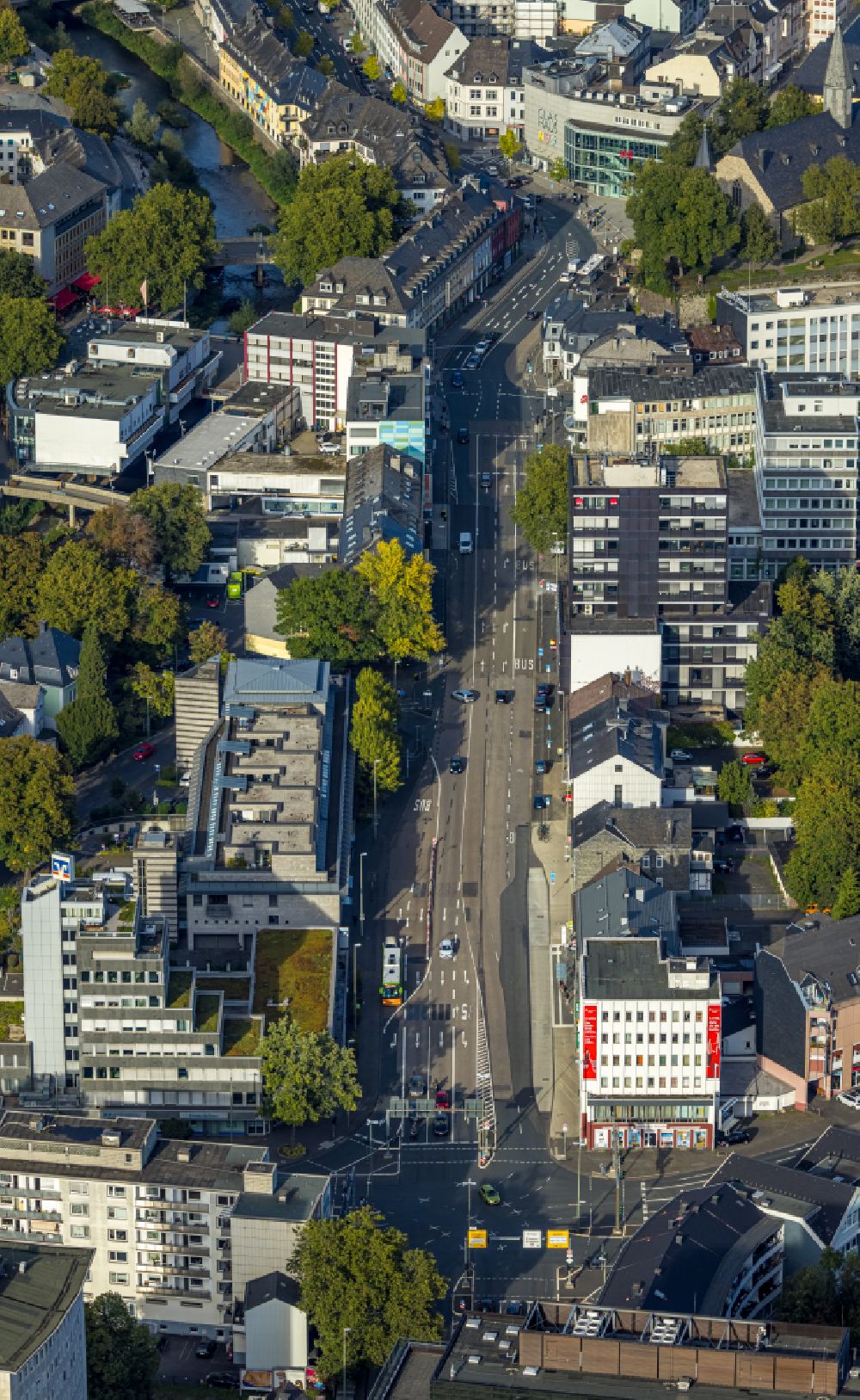 Aerial image Siegen - Road over the crossroads of the Koblenzer street and Berliner street in Siegen in the state North Rhine-Westphalia
