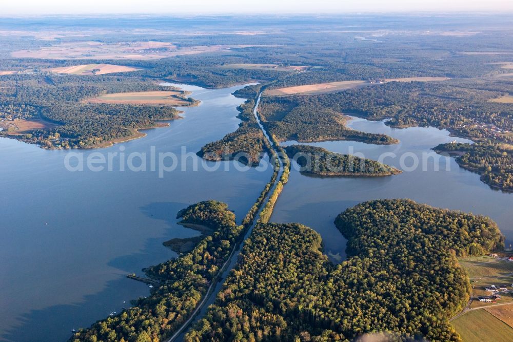 Aerial image Langatte - Canal course of the connecting Canal of HouliA?res de la Sarre through a lake in the foret in Langatte in Grand Est, France