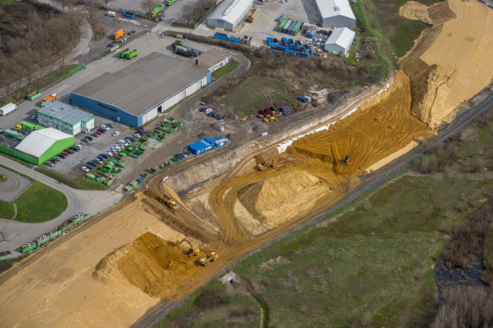 Aerial photograph Wesel - Construction site with earthworks for relocation, relocation and redesign of the shore areas along the mouth of the river Lippe in Wesel in the Ruhr area in the state of North Rhine-Westphalia, Germany