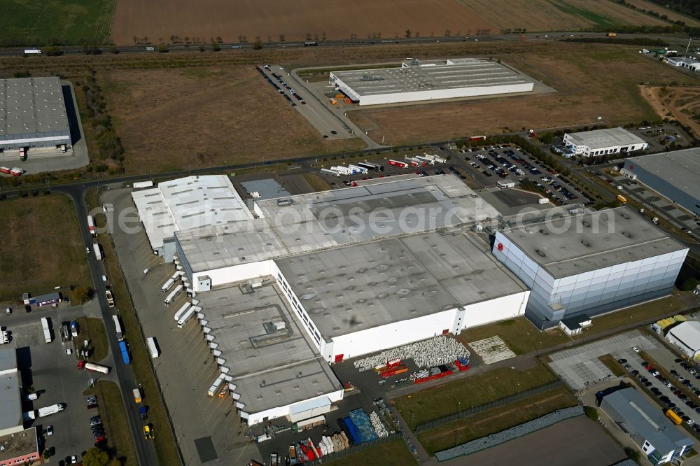 Landsberg from above - Building complex and distribution center on the site of Rossmann Logistik on Bitterfelof Strasse in Landsberg in the state Saxony-Anhalt, Germany