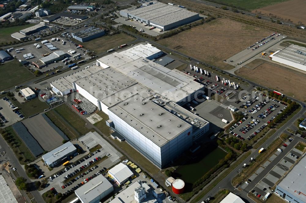 Aerial photograph Landsberg - Building complex and distribution center on the site of Rossmann Logistik on Bitterfelof Strasse in Landsberg in the state Saxony-Anhalt, Germany