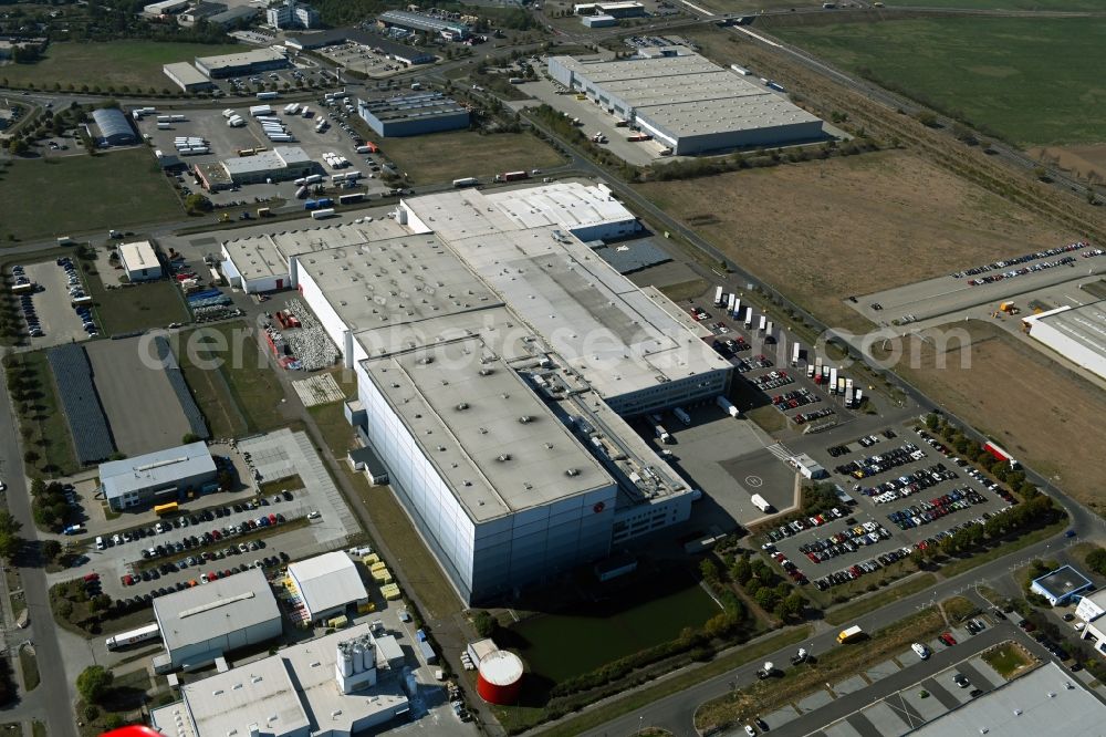 Landsberg from above - Building complex and distribution center on the site of Rossmann Logistik on Bitterfelof Strasse in Landsberg in the state Saxony-Anhalt, Germany