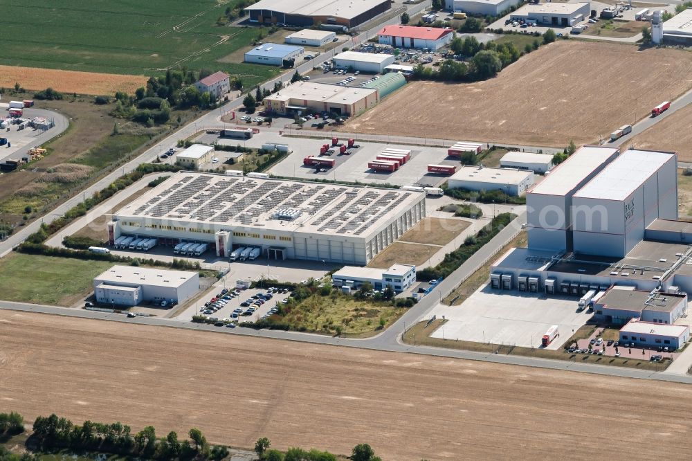 Aerial image Landsberg - Building complex and distribution center on the site of Transgourmet Deutschland GmbH & Co. oHG on Ernst-Abbe-Strasse in Landsberg in the state Saxony-Anhalt, Germany