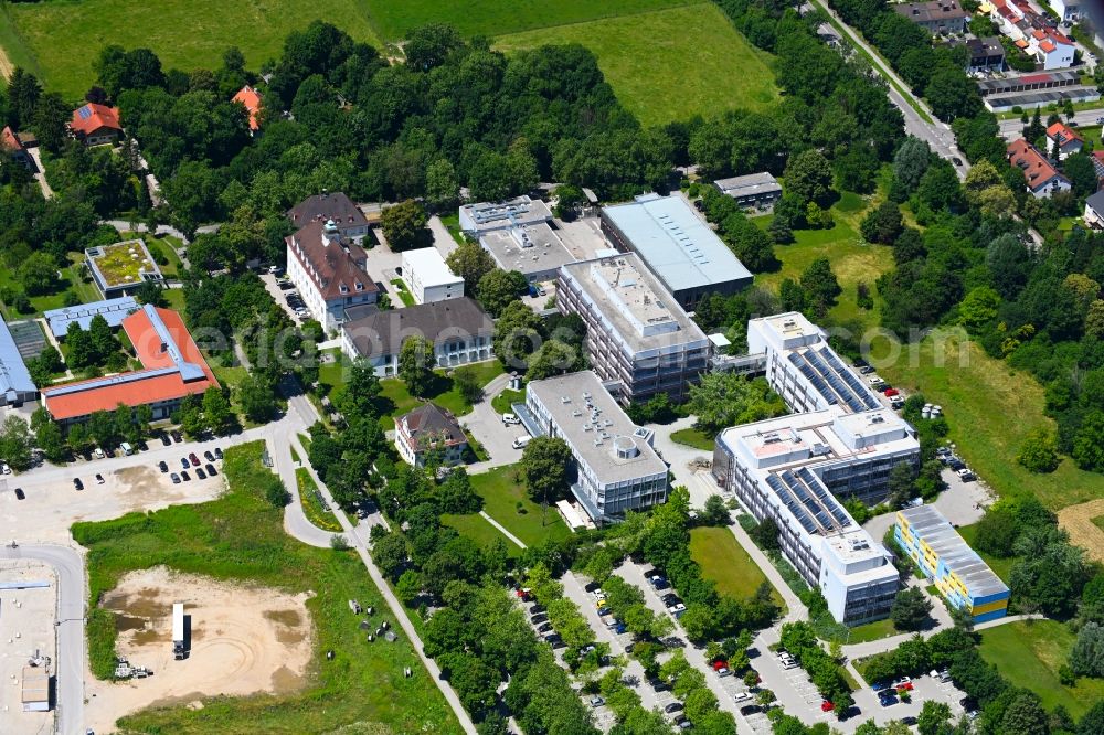 Oberschleißheim from above - Administrative building of the State Authority Bayerisches Landesamtf. Gesundheit u. Lebensmittelsicherheit LGL in Oberschleissheim in the state Bavaria, Germany