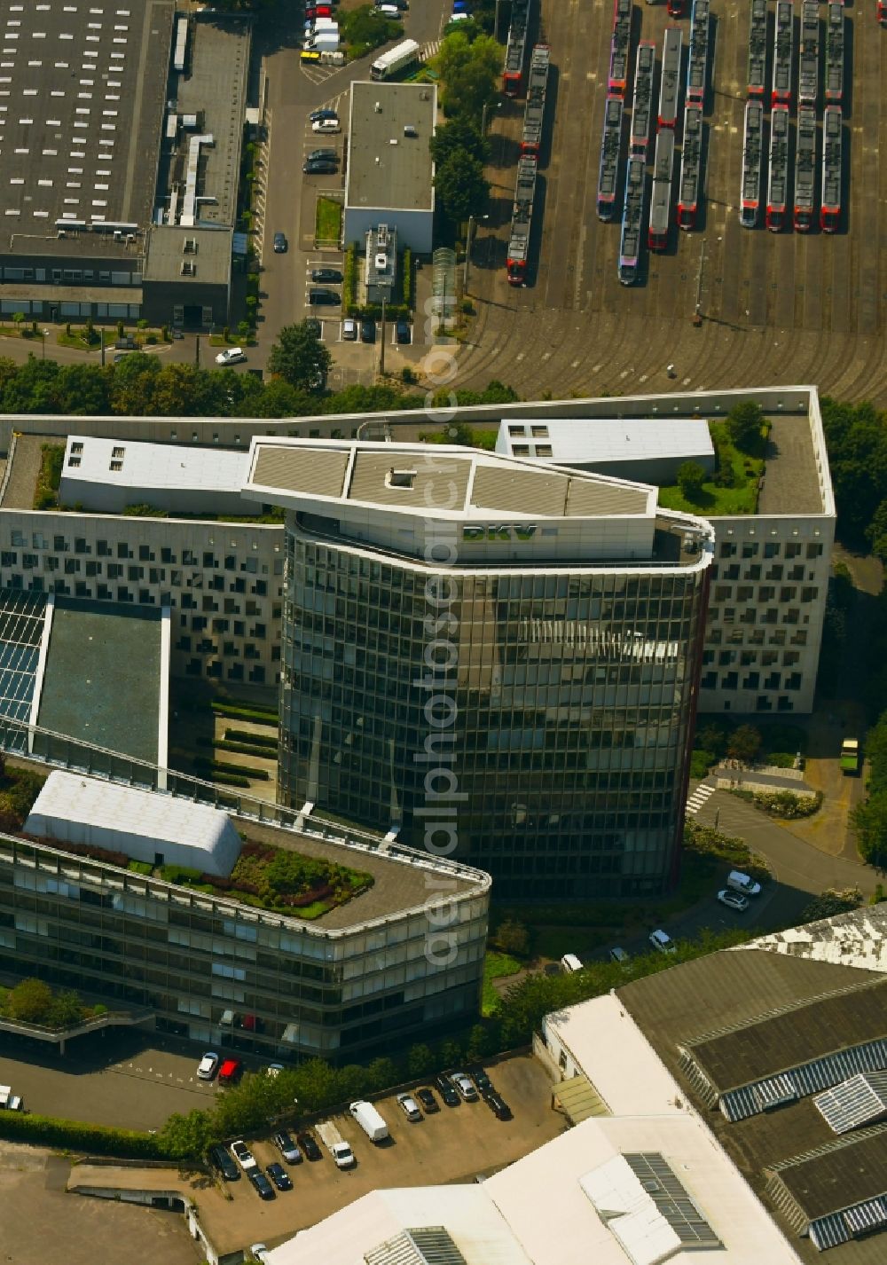 Köln from above - Office and administration buildings of the insurance company DKV on Scheidtweilerstrasse in the district Ehrenfeld in Cologne in the state North Rhine-Westphalia, Germany